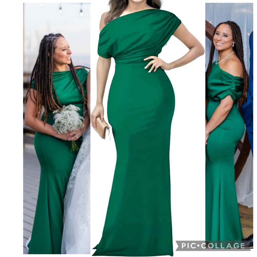 Emerald Green Draped Off Shoulder Mermaid Formal Gown Size M + Gloves
